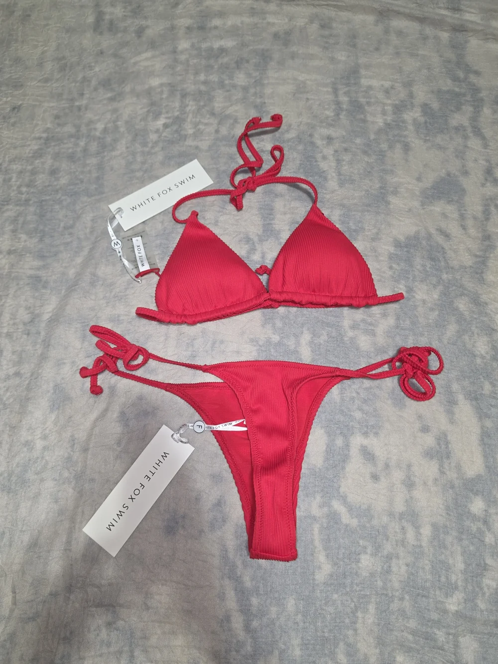 White Fox Boutique Red Ribbed Tie-Side Bikini