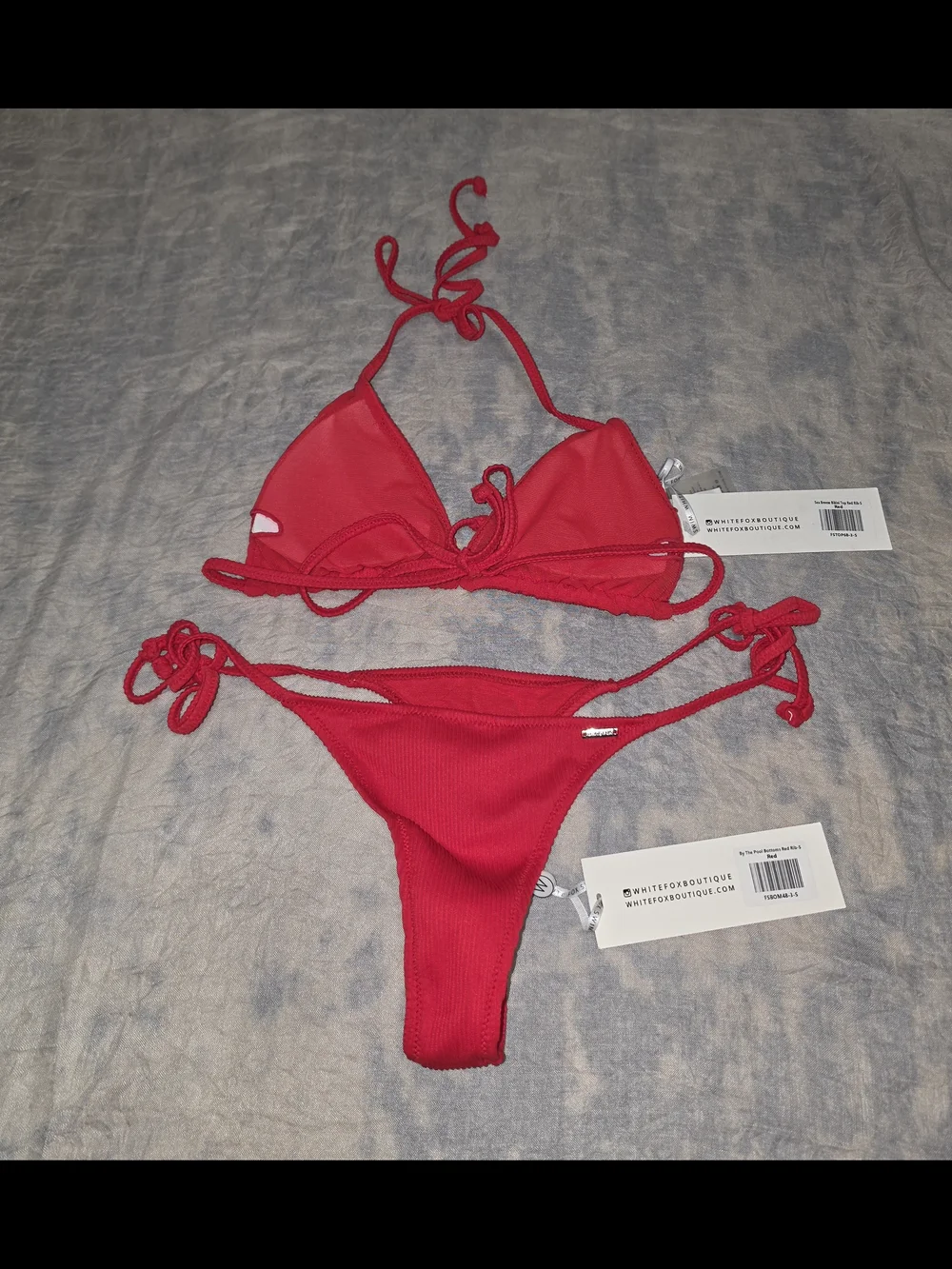 White Fox Boutique Red Ribbed Tie-Side Bikini