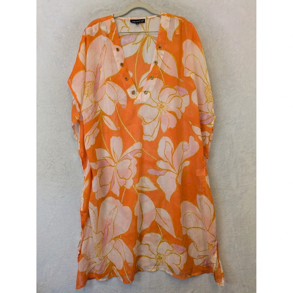 Club Z‎ Collection Kaftan Women's Medium Orange Floral Metallic Grommet V-Neck