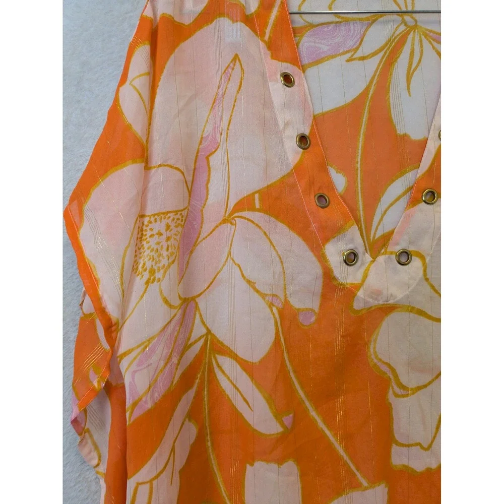 Club Z‎ Collection Kaftan Women's Medium Orange Floral Metallic Grommet V-Neck