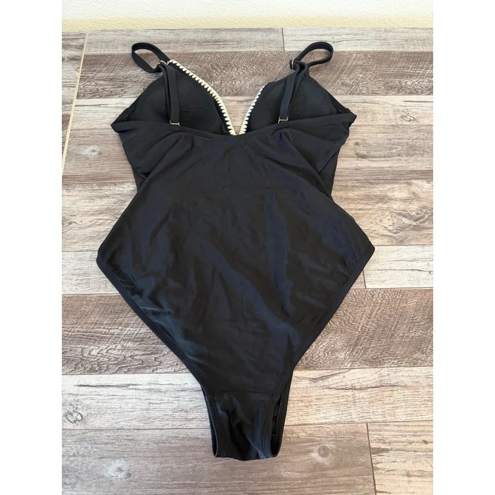 Kona Sol Black One Piece Swimsuit White Trim‎ Sz L Women's