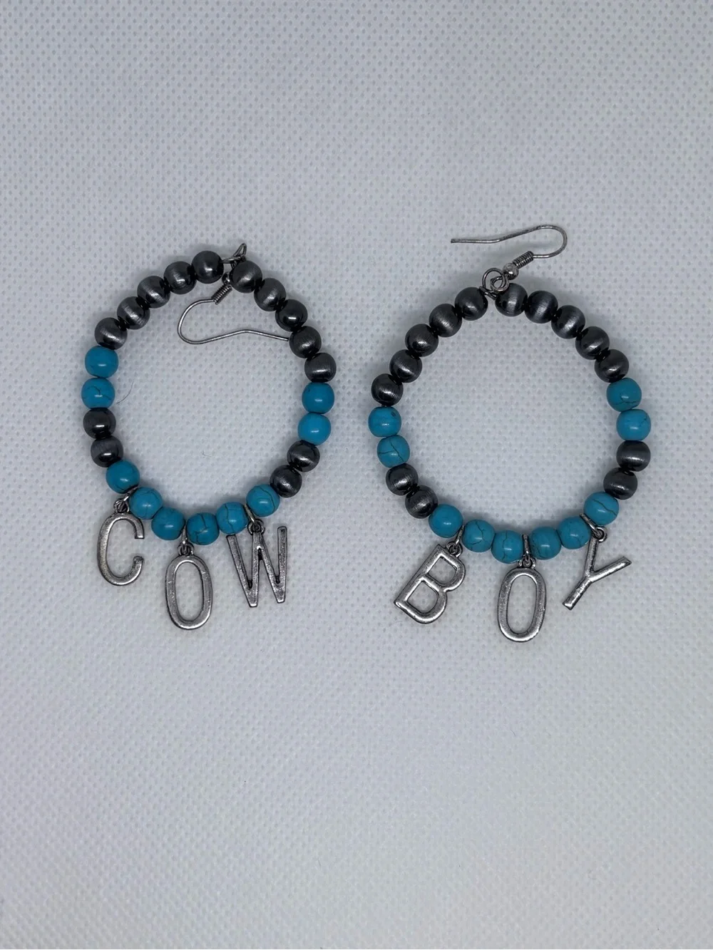 Cowboy Beaded Hoop Earrings with Turquoise and Hematite Beads