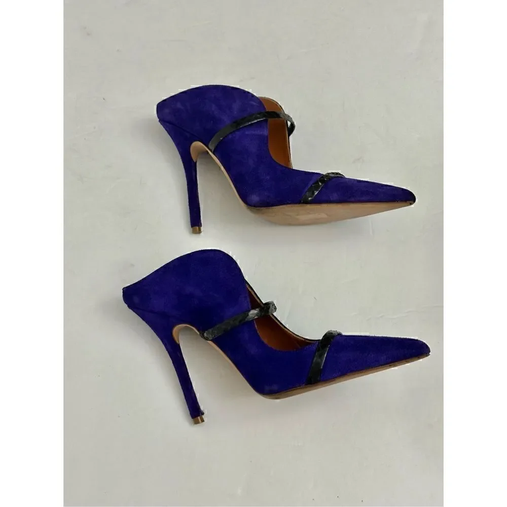 MALONE SOULIERS Maureen  Suede Black Leather Slide Pointed Toe Pump Heels