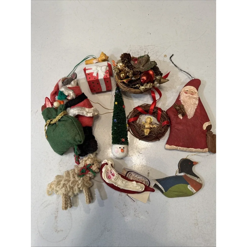 Vintage lot 9 Mixed Christmas Tree Ornaments Mouse Bird Nest Santa Sheep Kitschy