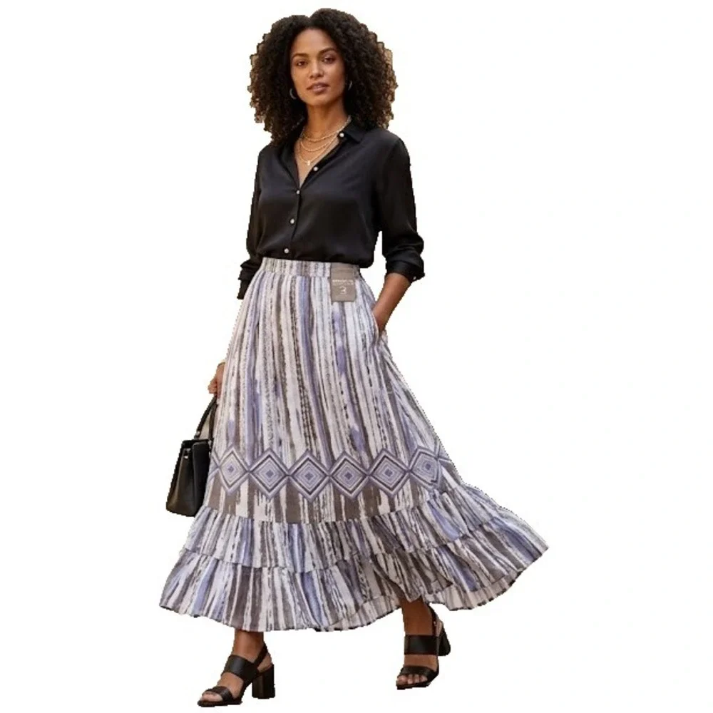 Chicos Size 3 Maxi Skirt Womens Black White Striped Geometric‎ Split Long L