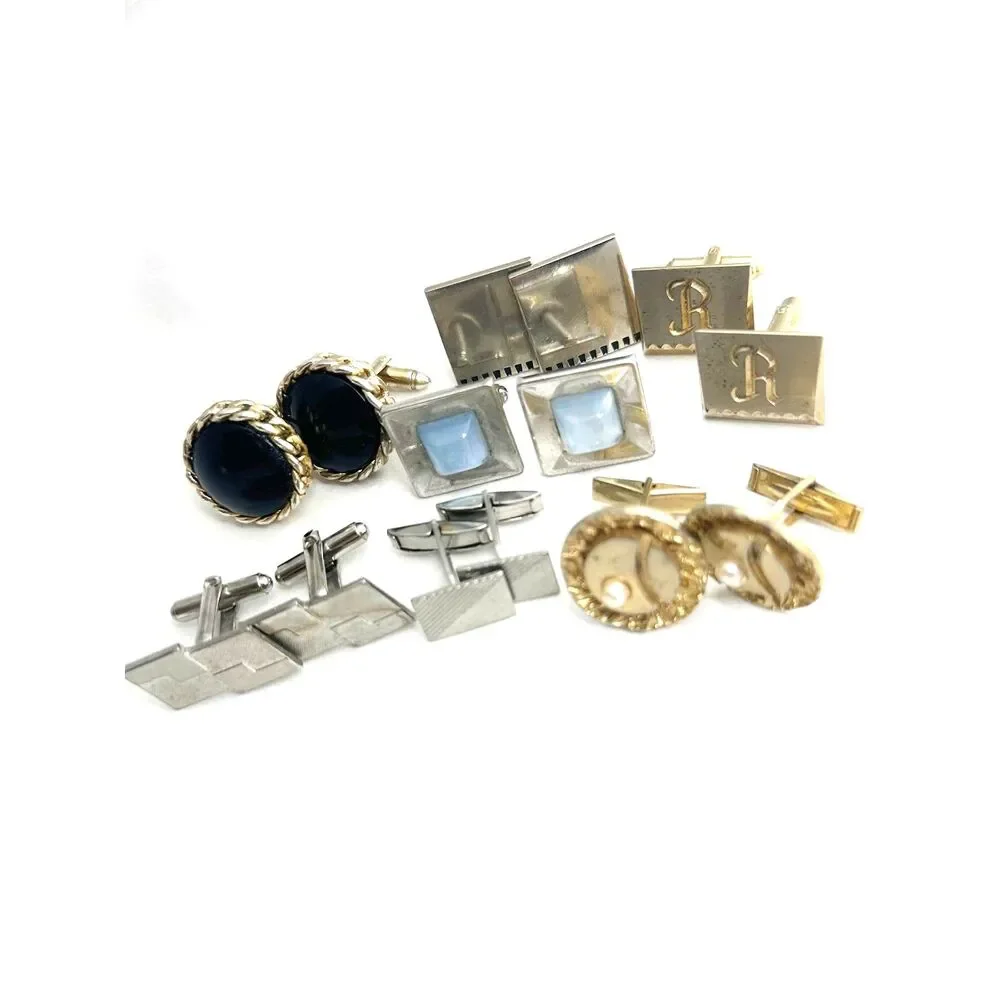 7 pair of vintage cufflinks silver and gold tone Black cabochon faux pearl