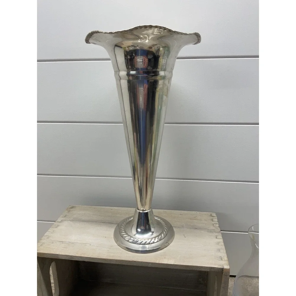 Vintage Silver Plated Trumpet Vase Scalloped Rim Rope Twist Base 12.5 Inch