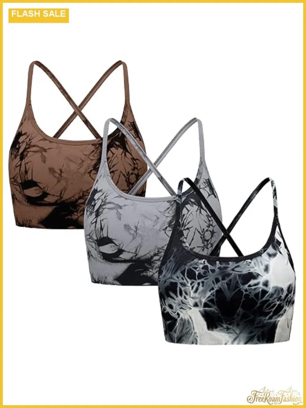 3 Piece Seamless Tie-dye Strappy Sports Bra Set - Double Cross Back Yoga Crop