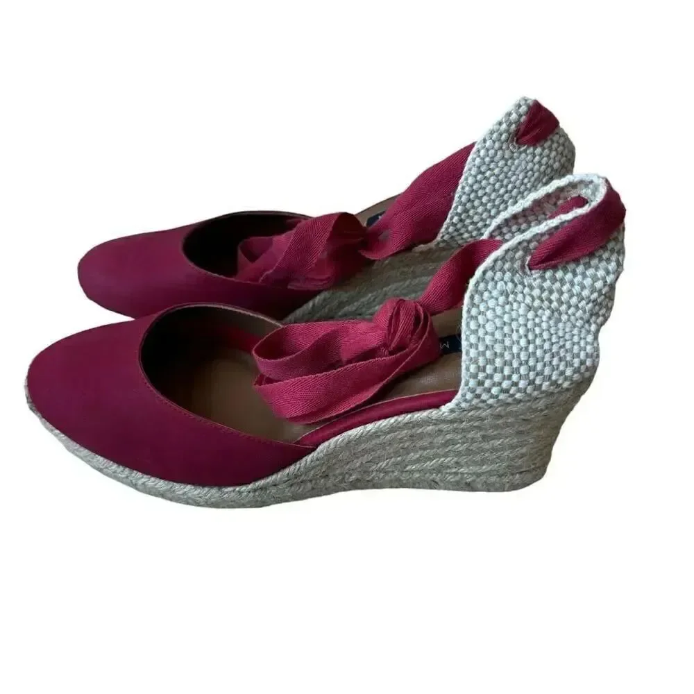 Margaux Red/ Wine Espadrilles Women’s Faux Suede Wedge Lace Up Sandals Red Sz 10