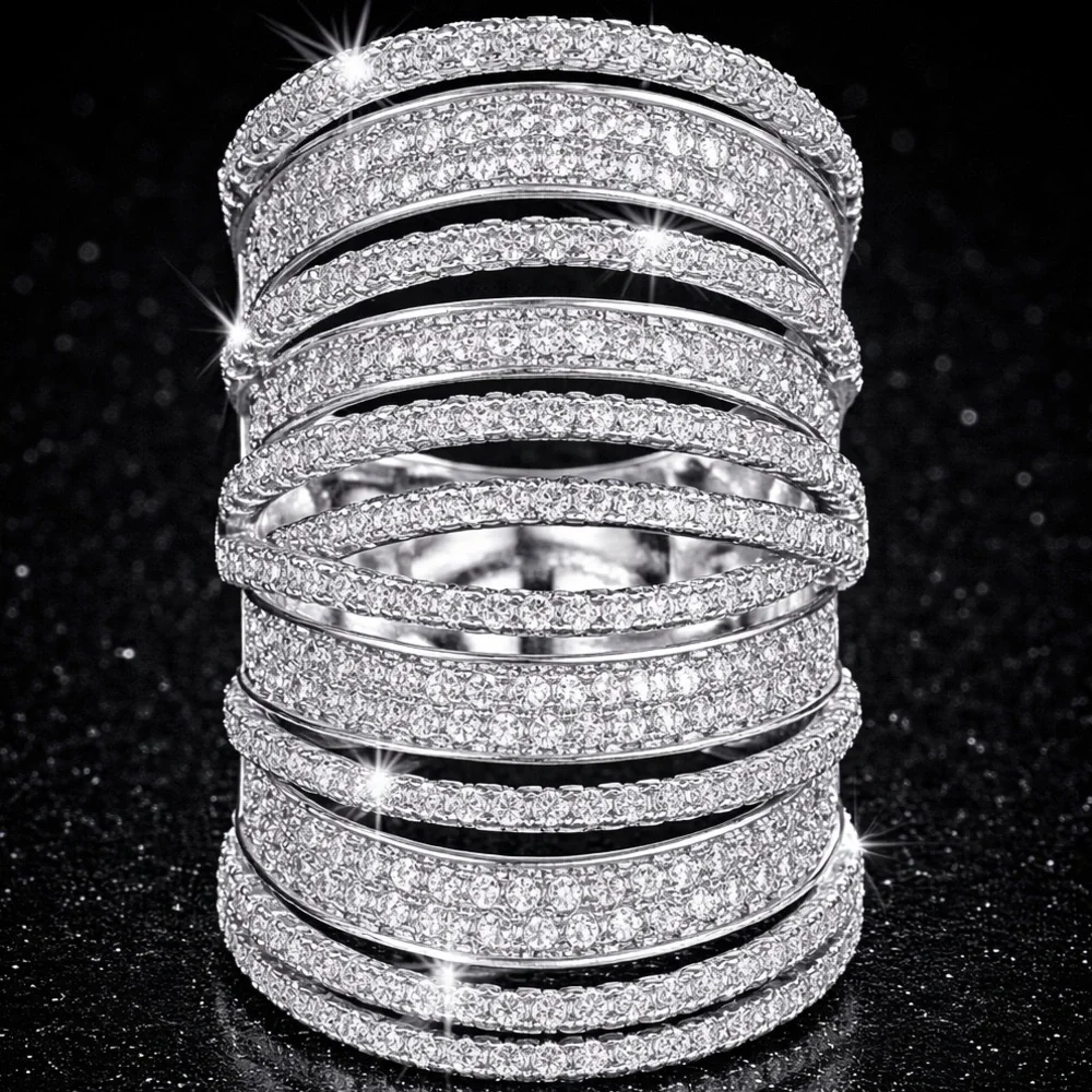 NEW HUGE PAVE Set Diamond Cz Cocktail Statement ladies Wedding band Ring Silver