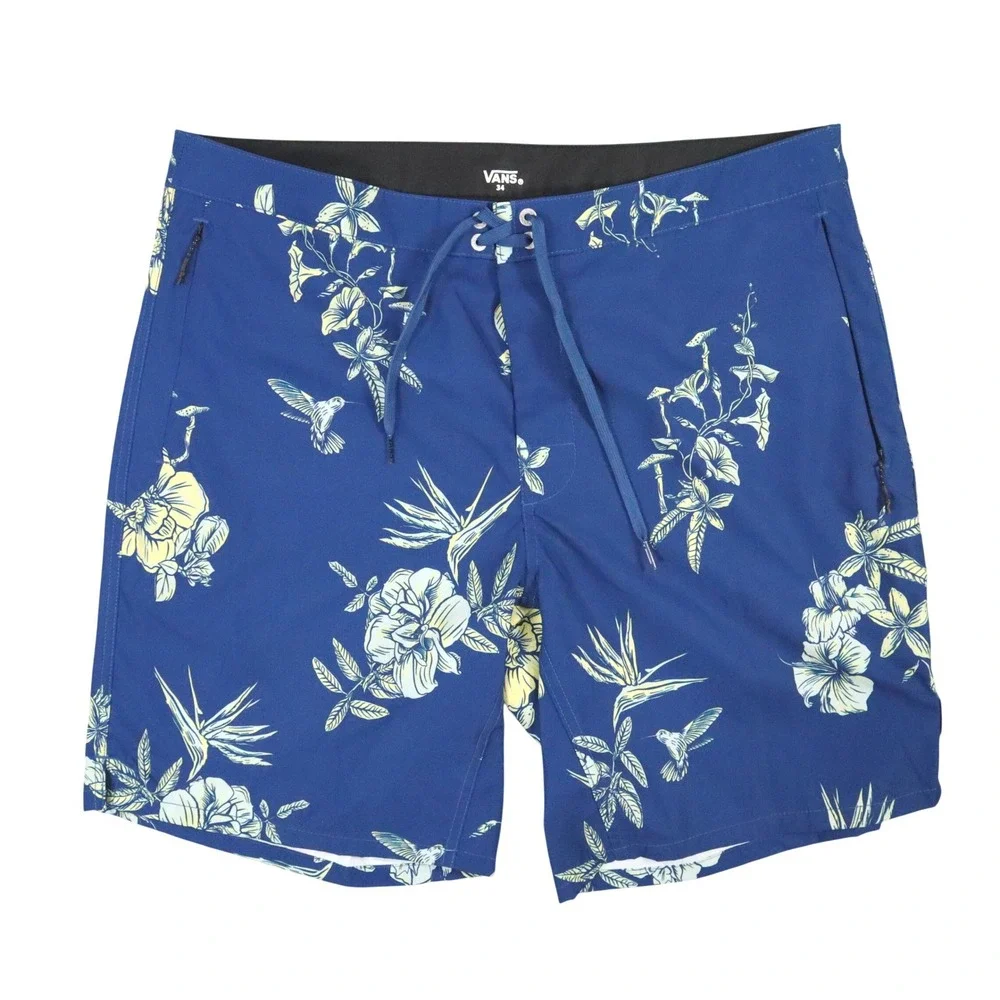 Vans Board Shorts Mens 34 Blue Floral Hummingbird‎ Swim Trunks Surf Beach Summer