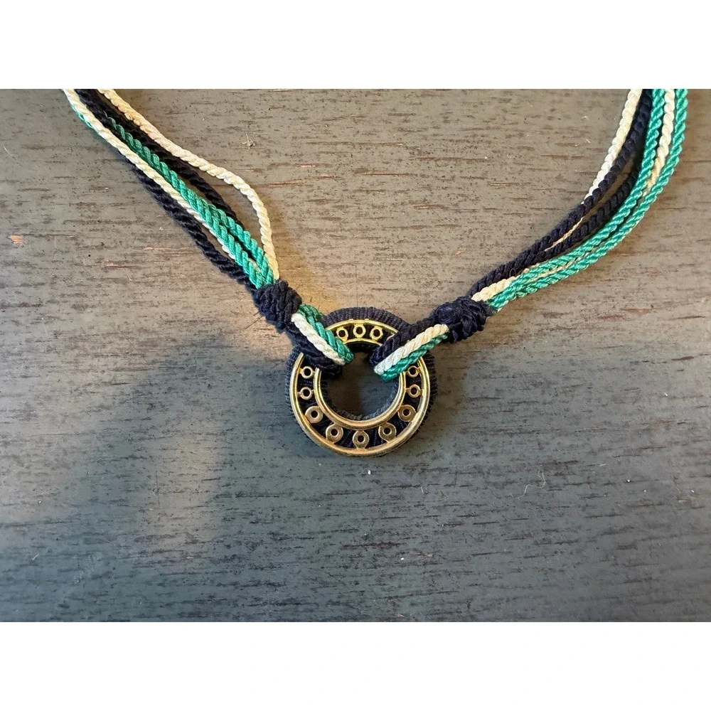 Vintage Nautical Multi Strand Braided Cord Necklace Navy Teal White Gold Tone