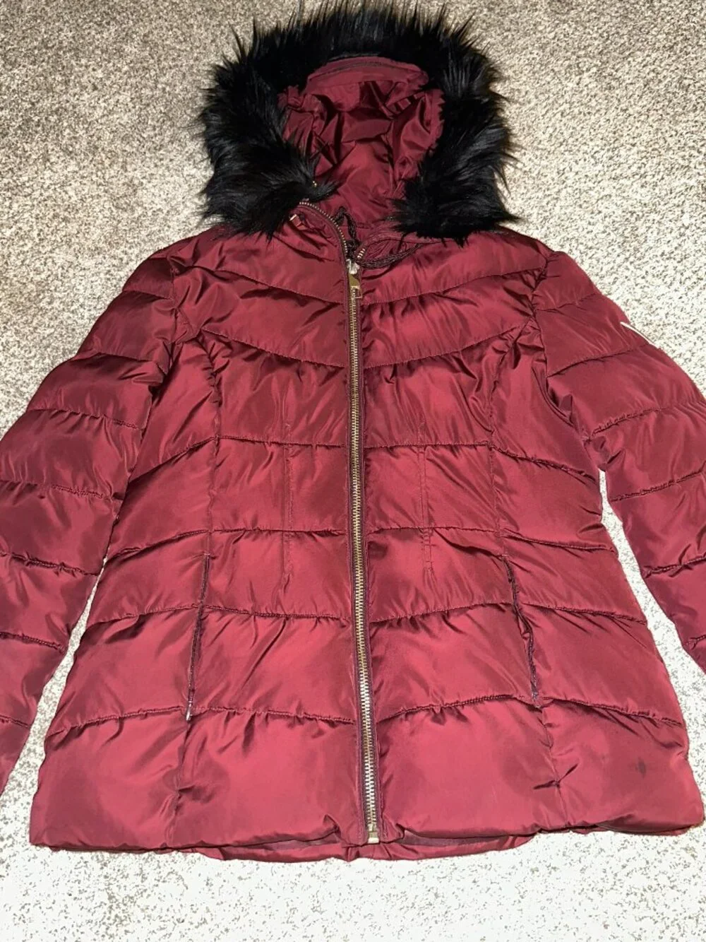 Guess Puffer Jacket Womens Large Red Removable Faux Fur Trim Hood Full Zip sz L