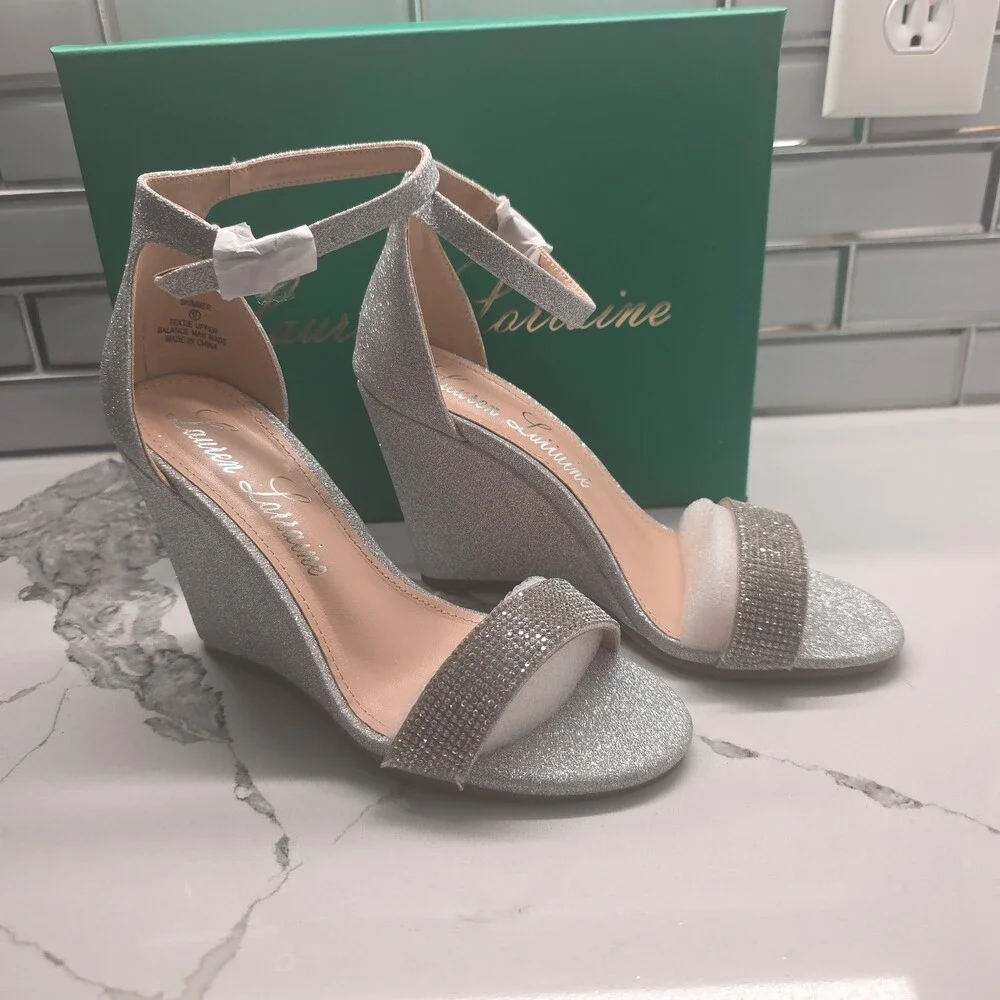 Lauren Lorraine Shimmer Womens Silver Wedge Sandals Rhinestone Ankle Strap Heels