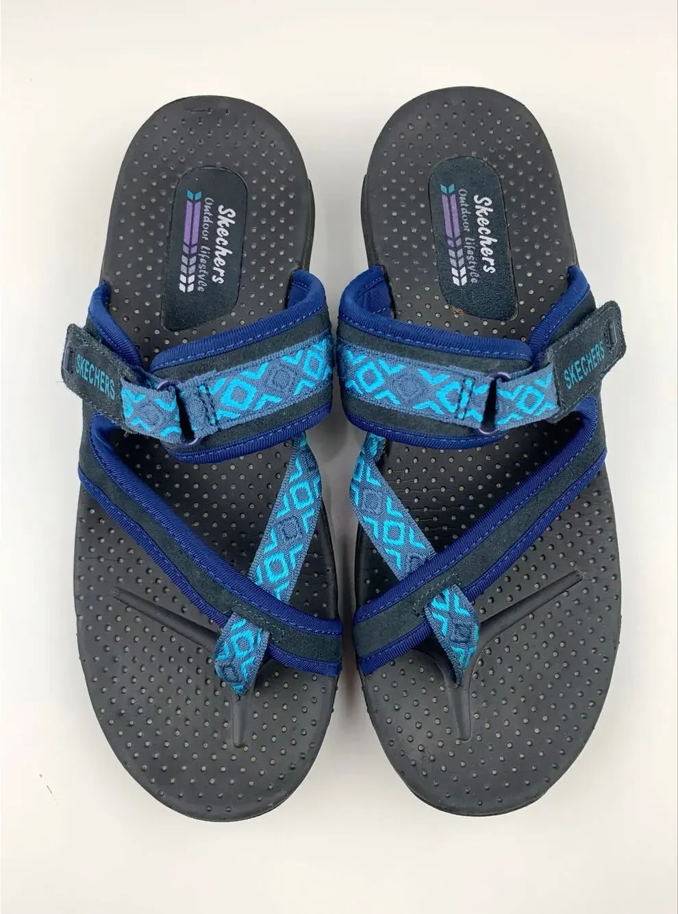 Skechers Reggae Trailway Sandals Slip On Toe Loop Black Blue Outdoor Women's 10