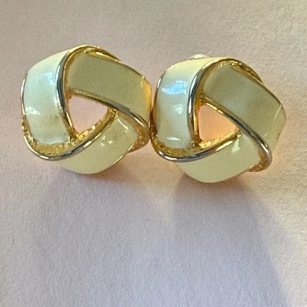 Vintage Napier Marked White & Gold Classic Love Knot Post Back Earrings