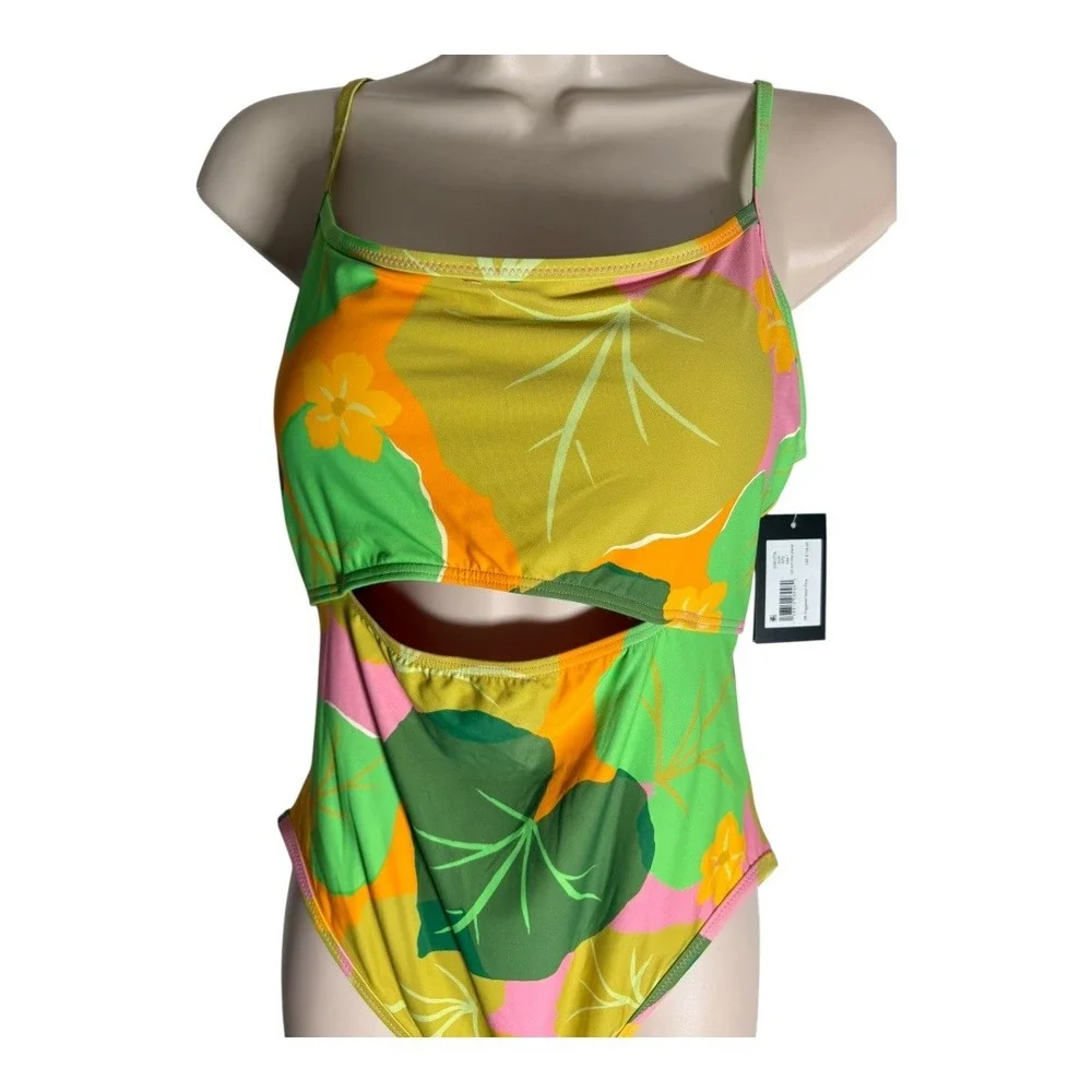 Cutout One Piece Swimsuit Green Floral Print New‎ with Tags sz LG