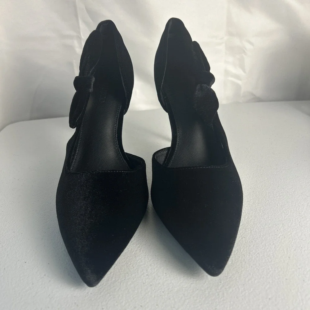 Coutgo Black‎ Velvet Bow Pumps Pointed Toe D'Orsay Stiletto Heels Size 8.5 NIB