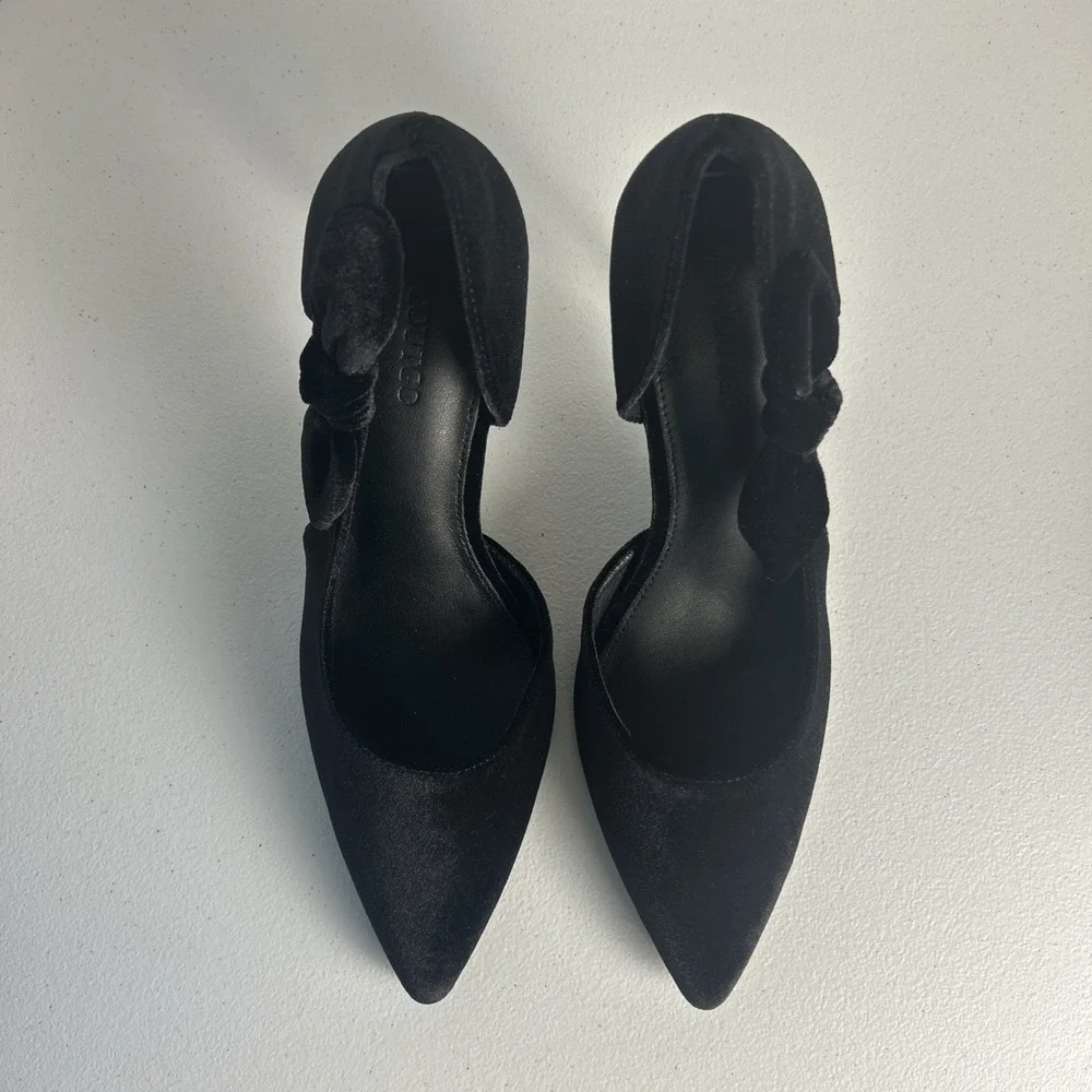 Coutgo Black‎ Velvet Bow Pumps Pointed Toe D'Orsay Stiletto Heels Size 8.5 NIB