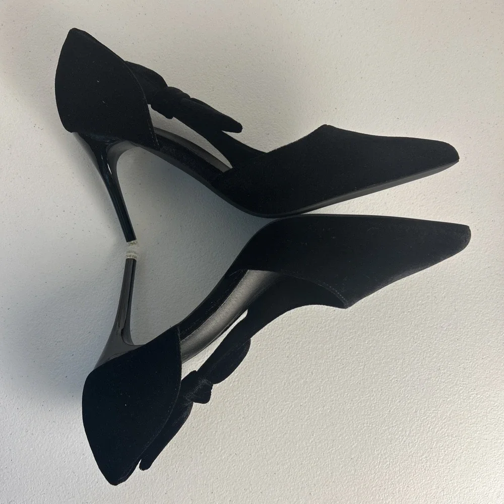 Coutgo Black‎ Velvet Bow Pumps Pointed Toe D'Orsay Stiletto Heels Size 8.5 NIB