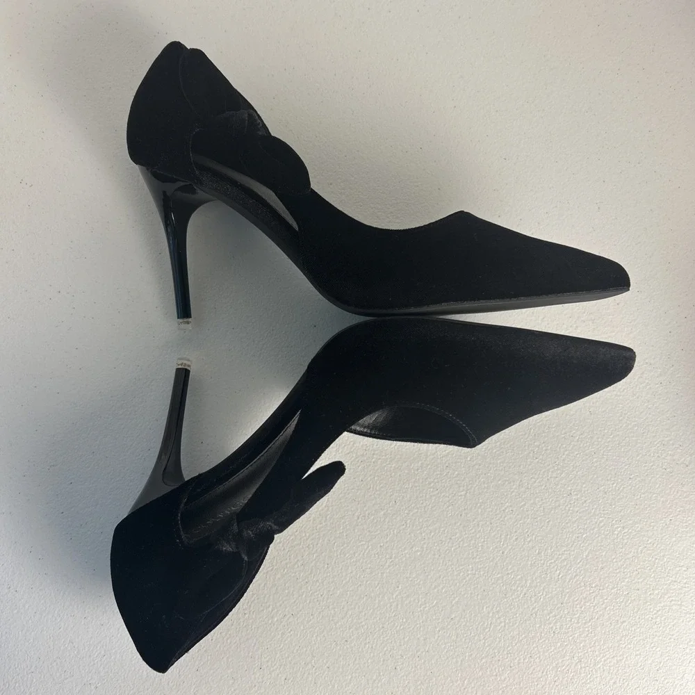 Coutgo Black‎ Velvet Bow Pumps Pointed Toe D'Orsay Stiletto Heels Size 8.5 NIB