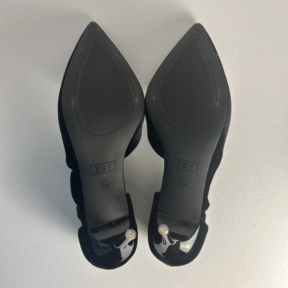 Coutgo Black‎ Velvet Bow Pumps Pointed Toe D'Orsay Stiletto Heels Size 8.5 NIB