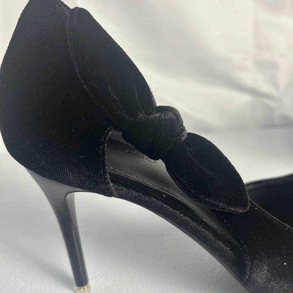 Coutgo Black‎ Velvet Bow Pumps Pointed Toe D'Orsay Stiletto Heels Size 8.5 NIB