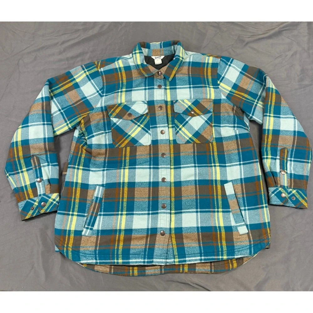 Duluth Trading Co Womens XL Quilted Flannel Shirt Jacket Plaid Teal 80725 BHU