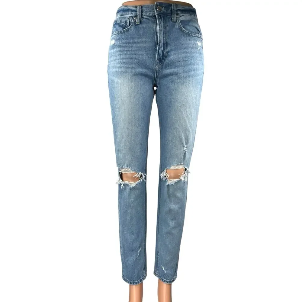 American Eagle Blue Distressed High Waisted Straight Denim Jeans Size 2 Long