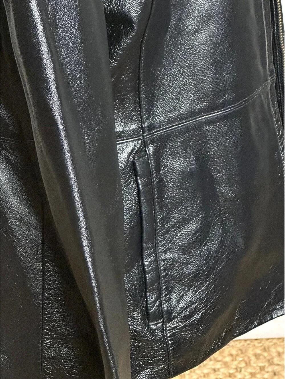 Black 100% leather full zip long sleeve jacket Small minimalist quiet luxury
