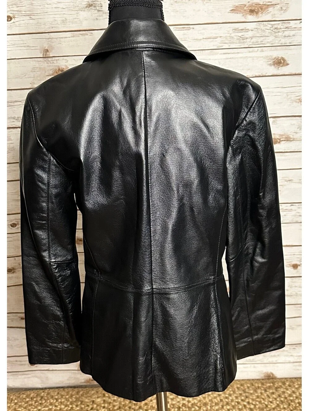 Black 100% leather full zip long sleeve jacket Small minimalist quiet luxury