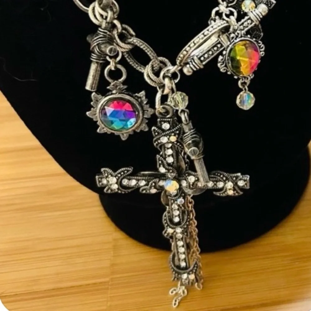 Gothic Cross Charm Necklace Chunky Silver Tone Rhinestone Statement Grunge Y2K