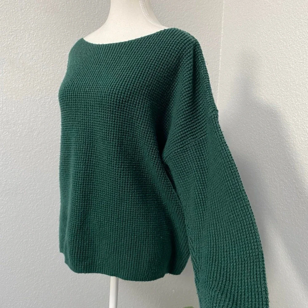 LORD & TAYLOR FOREST GREEN WAFFLE KNIT PULLOVER WOOL BLEND SWEATER DARK COTTAGE
