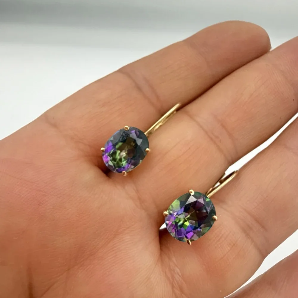 Designer 14K Yellow Gold Mystic Topaz Earrings Dangle Lever Back 8x10 Mm 2.84 Gr