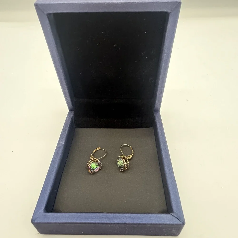 Designer 14K Yellow Gold Mystic Topaz Earrings Dangle Lever Back 8x10 Mm 2.84 Gr