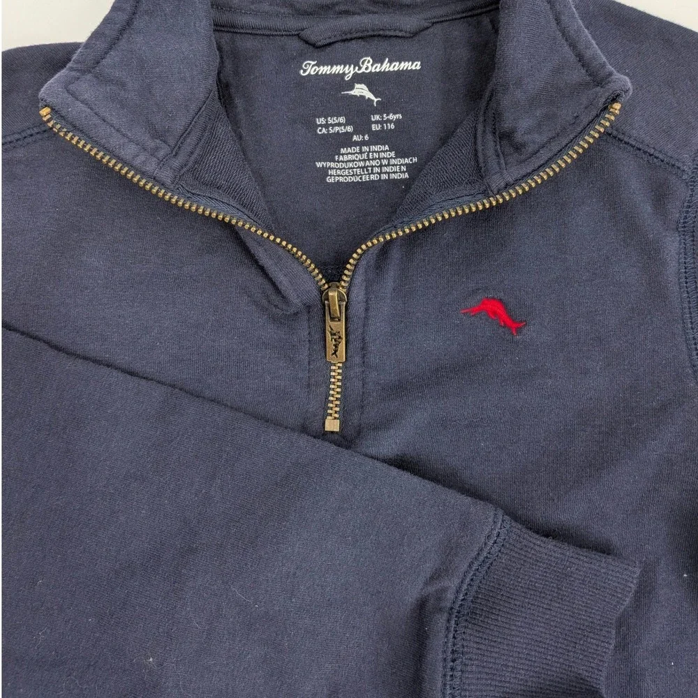 Tommy Bahama Boys‎ Navy Blue Quarter Zip Pullover Sweater Marlin Logo Size S 5/6