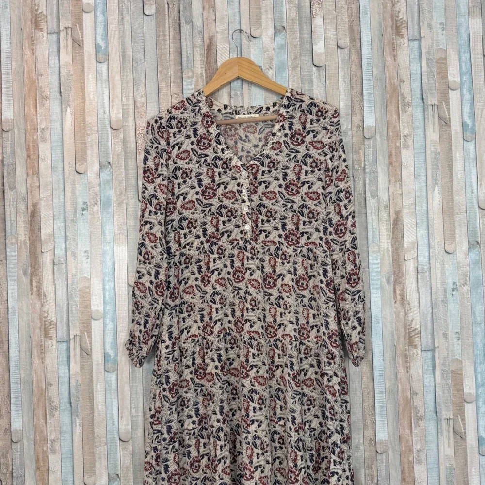 Maison Hotel Floral Boho Midi Dress Tiered Button Front V Neck‎ Long Sleeve XS