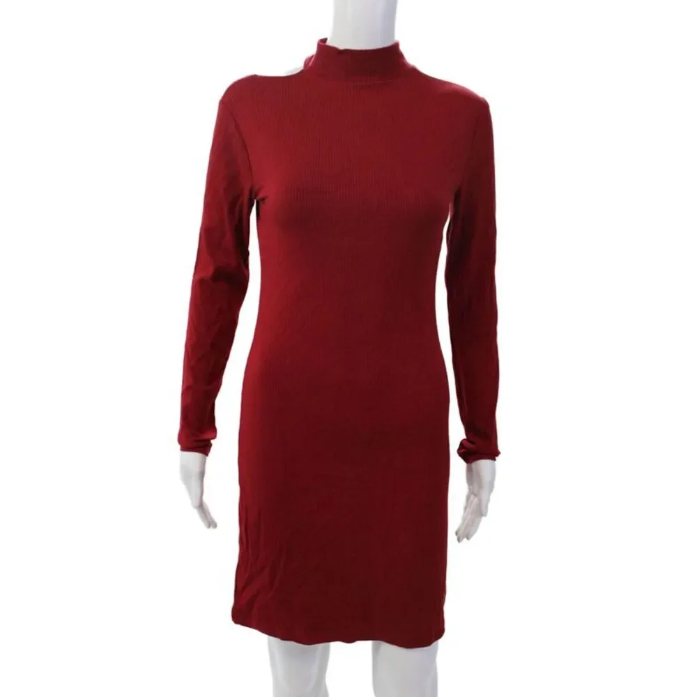 Urban Outfitters Womens Long Sleeve Cut Out Keyhole Ribbed Dress Red Size Medium