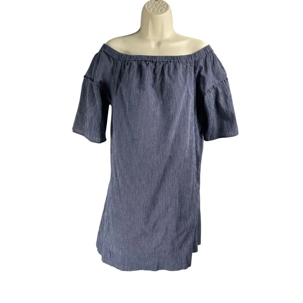 Madewell Dress Womens 8 Navy Stripe‎ Off Shoulder 100% Cotton Bell Sleeve G3457