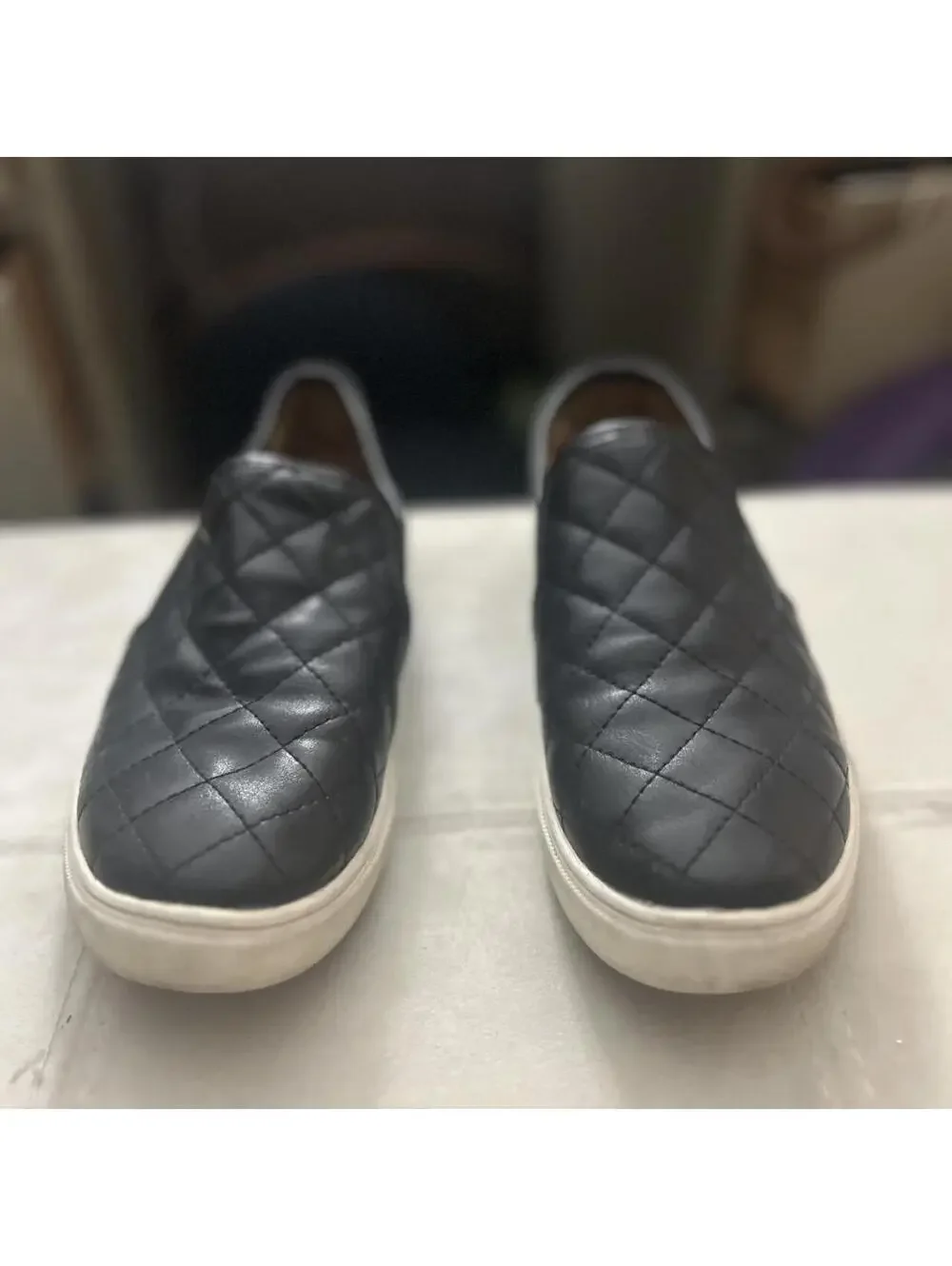 Black quilted leather slip-on sneakers white sole size 7.5  #quilted #leather