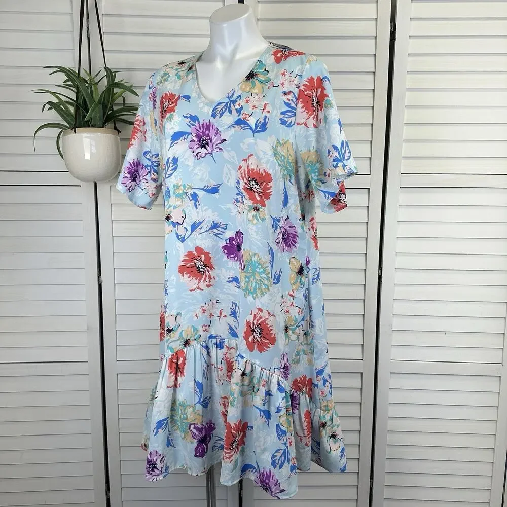 New Tolani Iggy‎ Floral Dress Pleated Ruffle Babydoll V Neck Womens Size L
