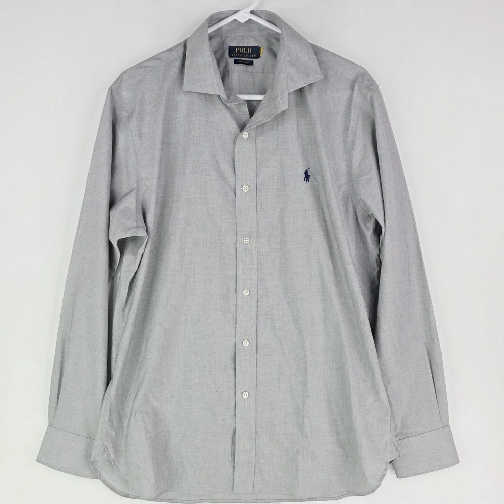 Polo Ralph Lauren Men's Medium Gray W/Black Dots Custom-Fit Oxford‎ Shirt Read