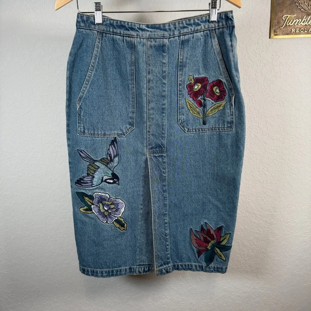 Denim Midi Skirt Embroidered Bird Flowers Blue Jean Pencil Skirt Size‎ L