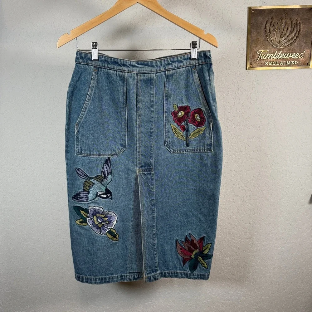 Denim Midi Skirt Embroidered Bird Flowers Blue Jean Pencil Skirt Size‎ L