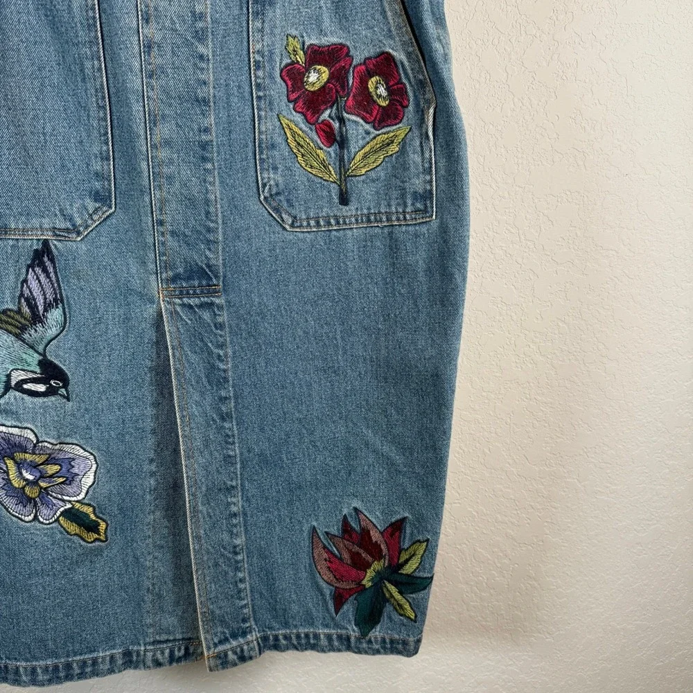Denim Midi Skirt Embroidered Bird Flowers Blue Jean Pencil Skirt Size‎ L