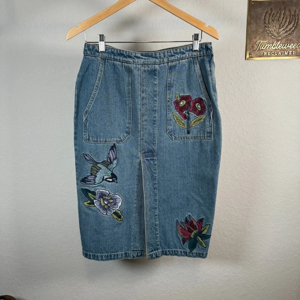 Denim Midi Skirt Embroidered Bird Flowers Blue Jean Pencil Skirt Size‎ L