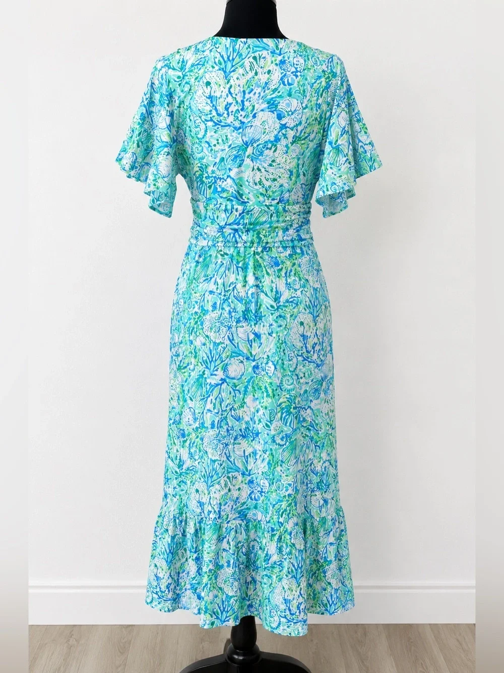 Lilly Pulitzer Midi Wrap Dress Blue Green Floral Butterfly Sleeve Smocked Waist