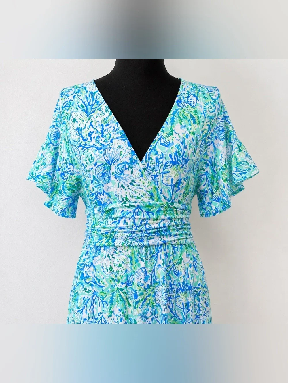 Lilly Pulitzer Midi Wrap Dress Blue Green Floral Butterfly Sleeve Smocked Waist