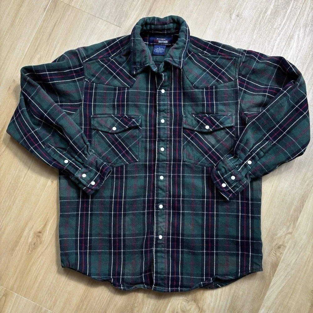 Five Brother Heavy Utility Green Plaid Flannel Snap Button-Up‎ Shirt Men's Large