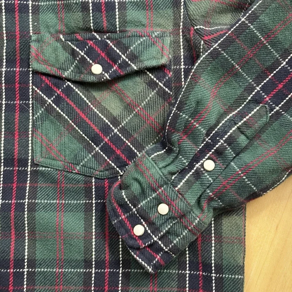 Five Brother Heavy Utility Green Plaid Flannel Snap Button-Up‎ Shirt Men's Large